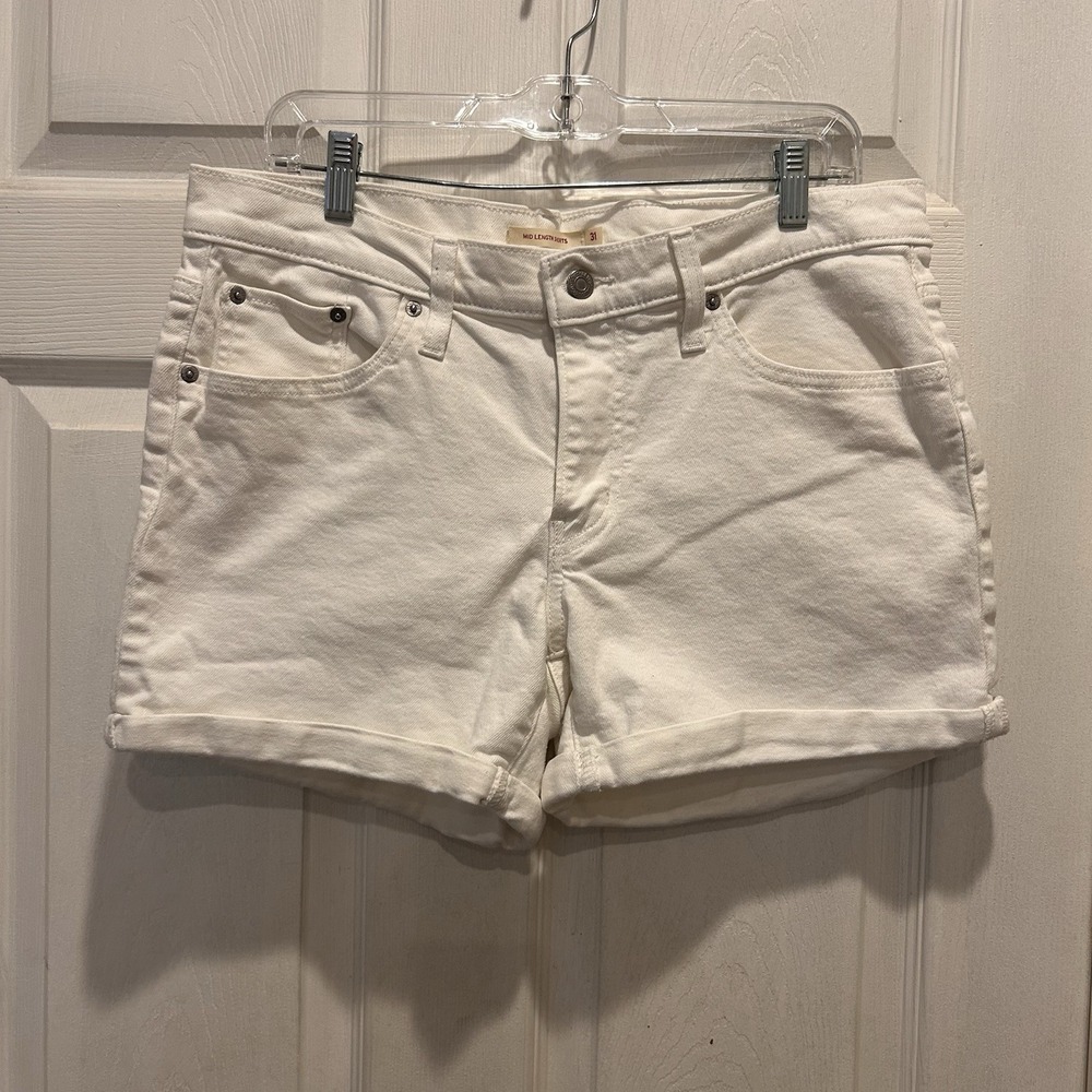 Levi's Womens Mid Length Shorts White Denim Stretch Sz 31 Clean Girl Minimalist